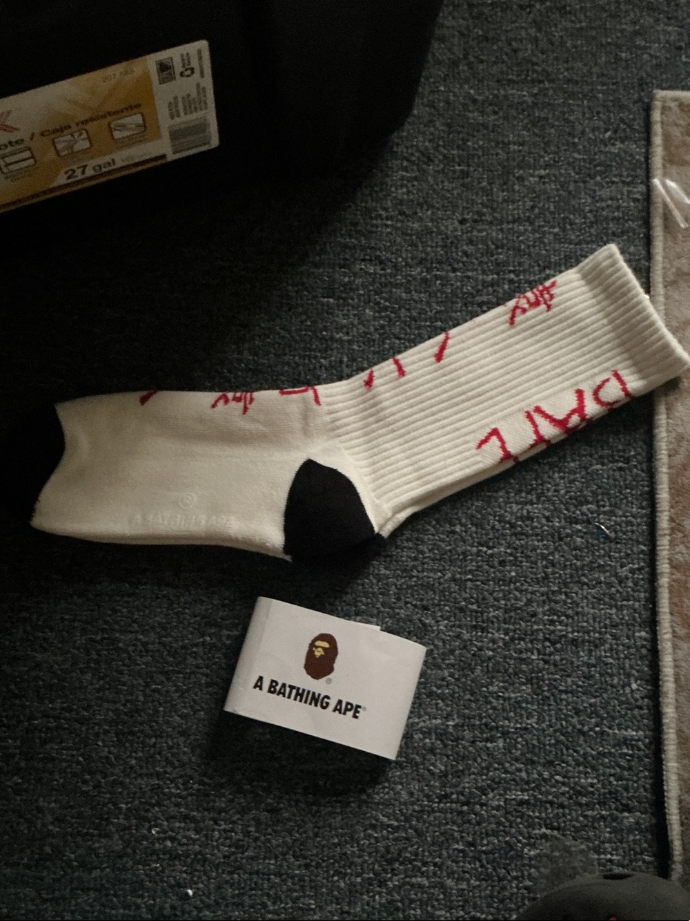 White Crew Socks with Black Heel & Red Script
